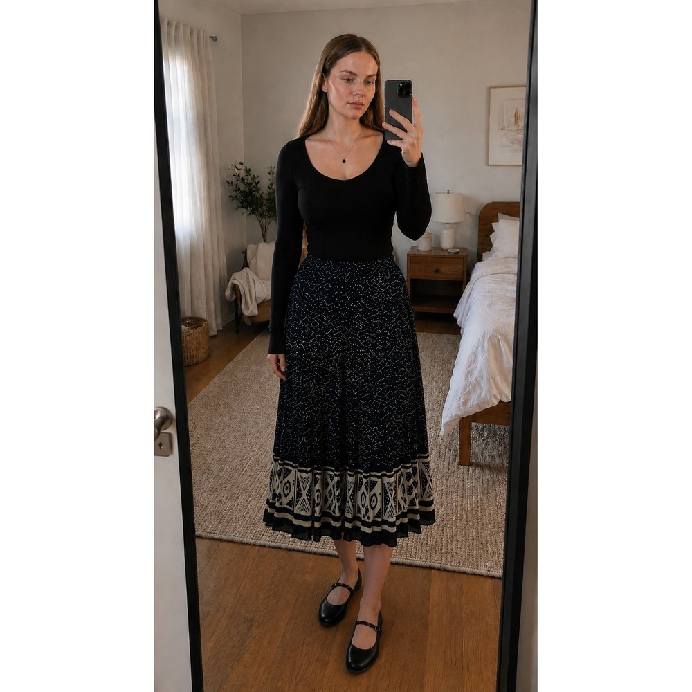 Vintage Midi Skirt Size 12 Black Polka Dot Geometric Tribal Dark Boho Whimsigoth